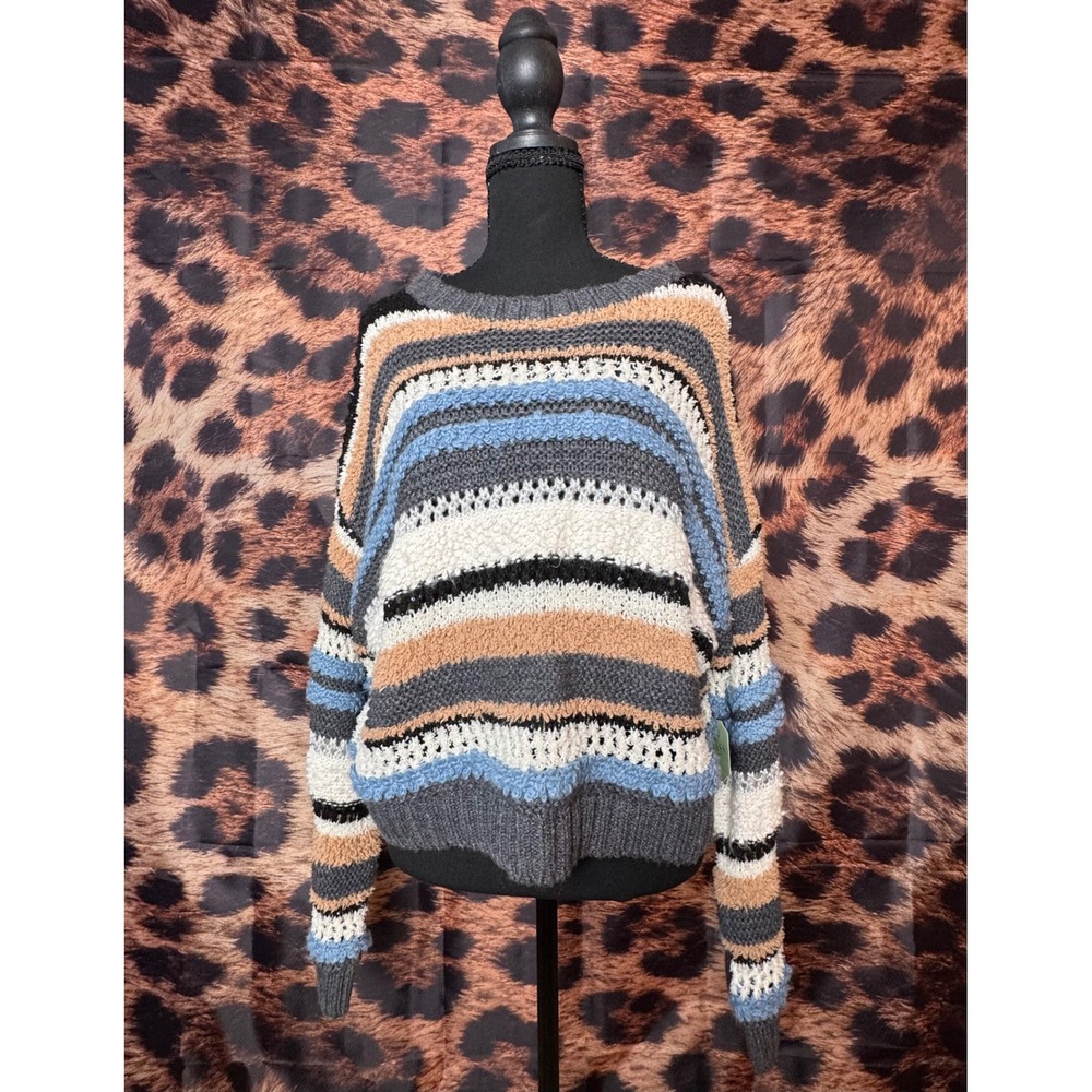 NWT Boho Striped Mixed Knit Sequin Slouchy Sweater Pullover